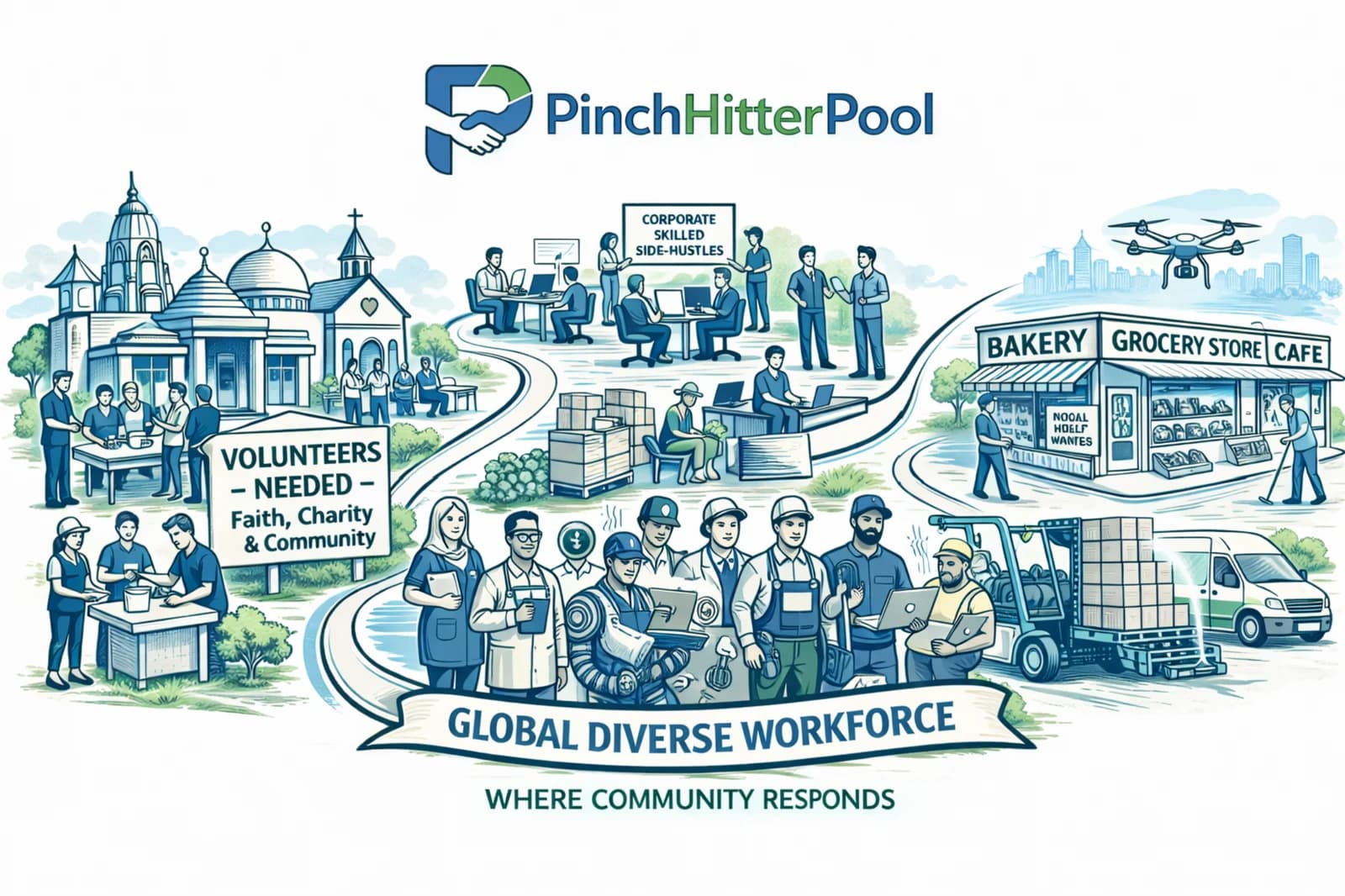 PinchHitterPool connecting volunteers, skilled helpers, local workers, interns, businesses, and community organizations.